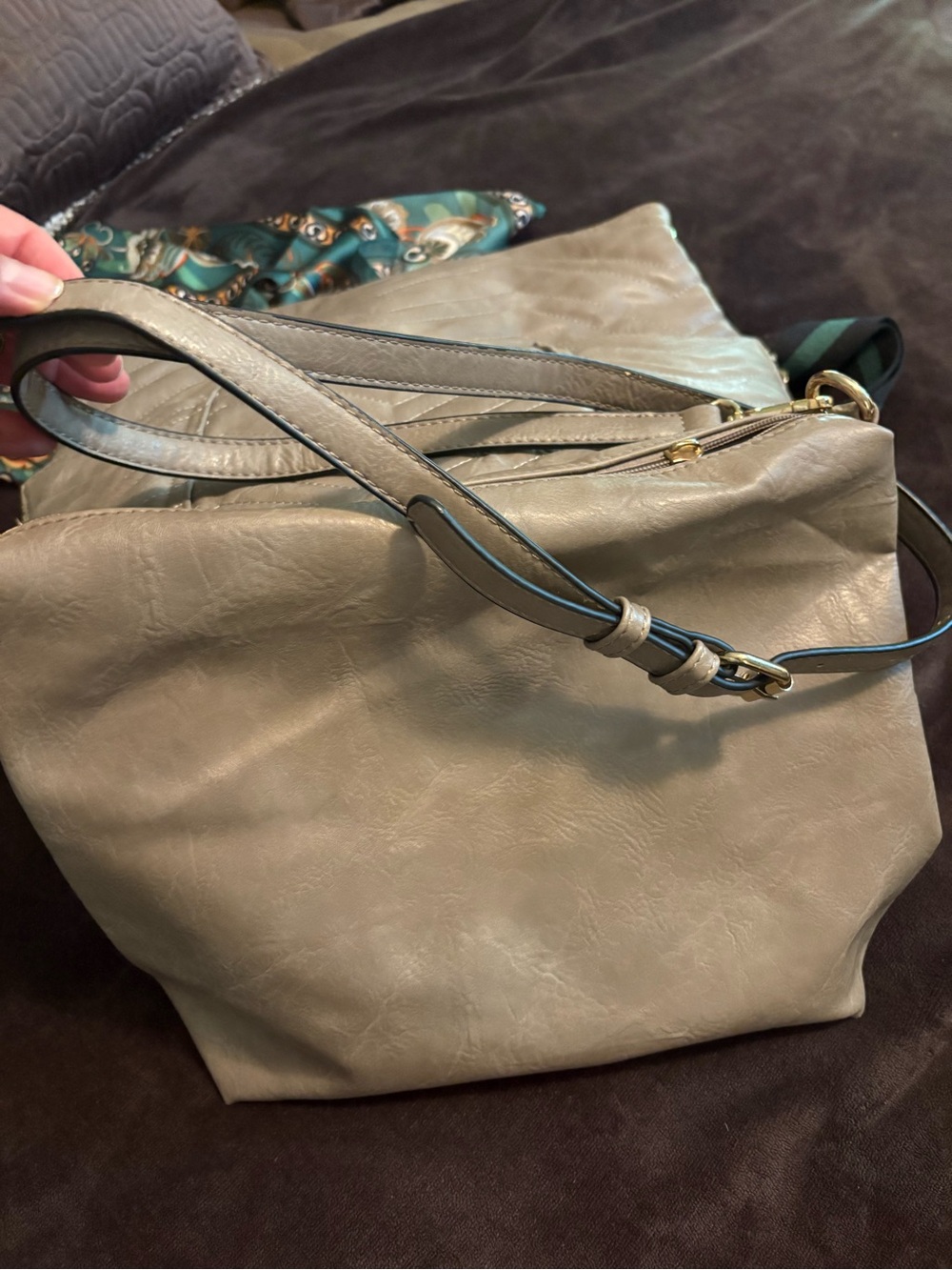 Quilted Tote Bag in Taupe - Women's Shoulder/crossbody Bag with Sm inside bag - Picture 8 of 10